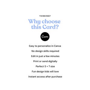Op de afbeelding: Een digitale afbeelding met de tekst: THINKING? Why choose this Card? Canva. Easy to personalize in Canva. No design skills required. Edit in just a few minutes. Print or send digitally. 5 x 7 size. Fun design kids will love. Instant access after purchase.