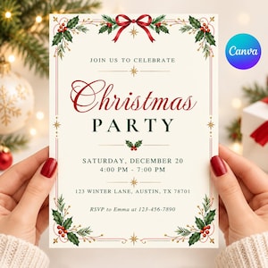 Op de afbeelding: Een crèmekleurige uitnodigingskaart voor een kerstfeest met een rode strik, groene hulstbladeren en rode bessen in de hoeken. De tekst luidt: JOIN US TO CELEBRATE Christmas PARTY SATURDAY, DECEMBER 20 4:00 PM - 7:00 PM 123 WINTER LANE, AUSTIN, TX 78701 RSVP to Emma at 123-456-7890.