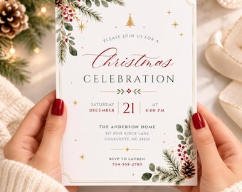 May include: A white rectangular Christmas celebration invitation card featuring green pine branches, red berries, and brown pinecones in the corners. The text reads: Please join us for a Christmas celebration, Saturday December 21 at 6:00 PM.