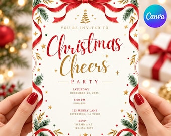 Uitnodiging voor een kerstfeest | Elegante uitnodiging voor een feestje | Kerstthema in rood en goud | Bewerkbare Canva-sjabloon AE 153