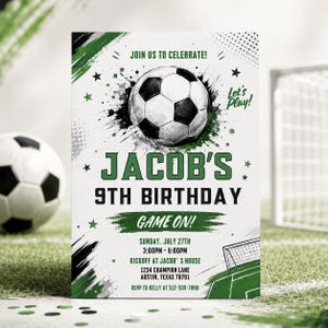 May include: A rectangular birthday invitation card featuring a black and white football graphic, green and black paint splatter accents, and text reading JOIN US TO CELEBRATE, JACOB'S 9TH BIRTHDAY, LET'S PLAY, GAME ON, and event details.