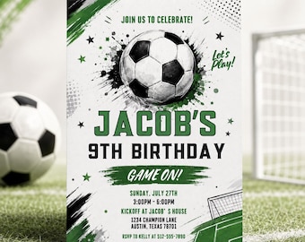 Uitnodiging voor een 9e verjaardag met voetbalthema | Voetbalverjaardagsfeestje | Voetbalfeestje voor kinderen | Bewerkbare Canva-sjabloon AE060