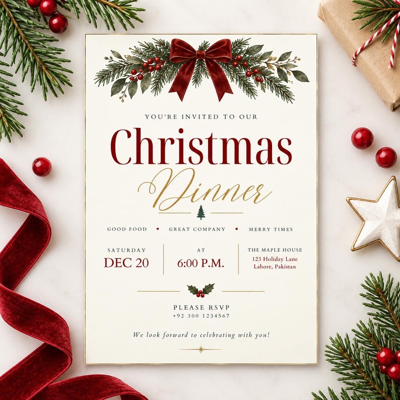 May include: A rectangular Christmas dinner invitation card featuring a dark red bow, pine branches, and red berries at the top. The text reads: You're invited to our Christmas Dinner, Saturday Dec 20, 6:00 P.M., The Maple House, 123 Holiday Lane, Lahore, Pakistan.