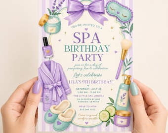 Spa-verjaardagskaart | Uitnodiging voor een verwenfeestje voor meisjes | Spa-verjaardagsfeest | Bewerkbare Canva-sjabloon AE051