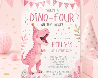 Roze dinosaurus uitnodiging voor een 4e verjaardag | Uitnodiging voor een dinosaurusfeestje | Verjaardag van een meisje met dinosaurusthema | Bewerkbare Canva-sjabloon AE059