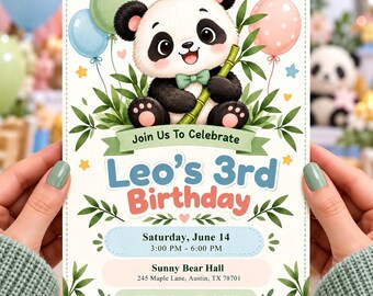 Uitnodiging voor een 3e verjaardag met pandathema | Leuk panda-verjaardagsfeestje | Thema: bamboe | Bewerkbare Canva-sjabloon AE155