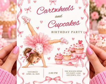 Verjaardagskaart 'Raddels & Cupcakes' | Gymnastiek verjaardagsfeest | Thema: meisje met roze strik | Bewerkbare Canva-sjabloon AE154