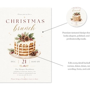 Op de afbeelding: Een uitnodigingskaart voor een kerstbrunch met een aquarelillustratie van een gestapelde pannenkoekentoren versierd met dennenappels, hulst en bessen. De tekst luidt Christmas brunch, Dec 21, 11:00 AM, The Harper Residence en verdere details.