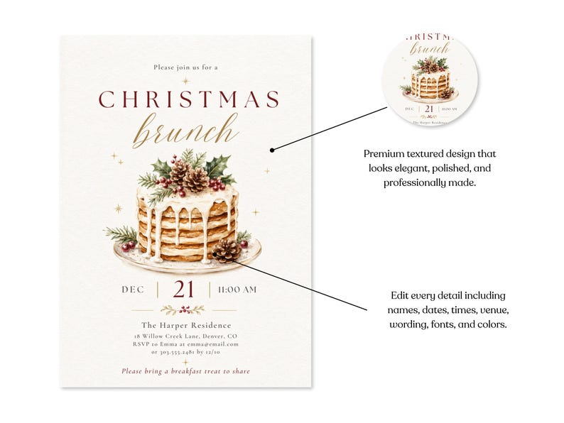 Op de afbeelding: Een uitnodigingskaart voor een kerstbrunch met een aquarelillustratie van een gestapelde pannenkoekentoren versierd met dennenappels, hulst en bessen. De tekst luidt Christmas brunch, Dec 21, 11:00 AM, The Harper Residence en verdere details.