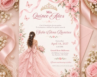 Quinceañera Invitation | Mis Quince Años Birthday Invite | Pink Floral Princess Party | Editable Canva Template AE074