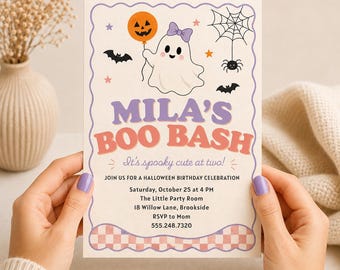 Boo Bash verjaardagskaart | Halloween verjaardagskaart | Spooky feestuitnodiging | Bewerkbare Canva-sjabloon AE042