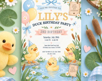 May include: A rectangular birthday invitation for Lily's 2nd Duck Birthday Party on 20th July. The design features three yellow ducklings, blue and yellow balloons, cattails, and water lilies. Text includes event details and the phrase Let's Quack and Celebrate!