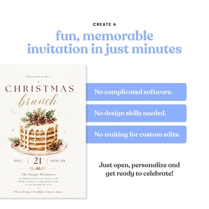 Op de afbeelding: Een uitnodigingssjabloon voor een kerstbrunch met een stapel pannenkoeken versierd met dennentakken en bessen. De tekst bevat: CREATE A fun, memorable invitation in just minutes, No complicated software, No design skills needed, No waiting for custom edits.