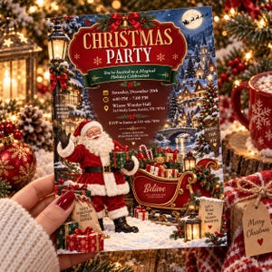 Op de afbeelding: Een rechthoekige uitnodigingskaart voor een kerstfeest met de Kerstman, een rode arrenslee en een besneeuwd dorp. De tekst luidt Christmas Party, You're Invited to a Magical Holiday Celebration, Saturday, December 20th, 4:00 PM – 7:00 PM, Winter Wonder Hall, 245 Holly Lane, Austin, TX 78701, RSVP to Emma at 123-456-7890, Believe, en Let's Make the Season Brighter.