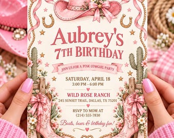 Roze Cowgirl Verjaardagskaart 7e Verjaardag | Western Cowgirl Feestuitnodiging | Thema Laarzen & Strikken | Bewerkbare Canva Sjabloon AE151