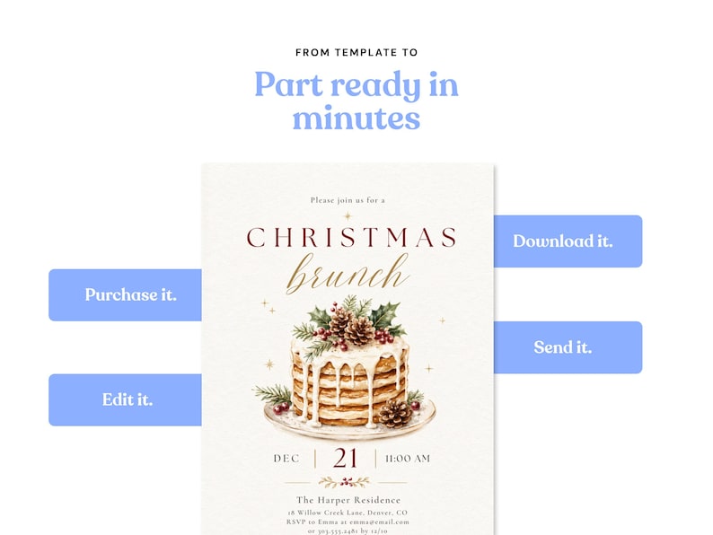 Op de afbeelding: Een digitaal uitnodigingssjabloon voor een kerstbrunch met een illustratie van gestapelde pannenkoeken met dennenappels, hulst en bessen. De tekst luidt: FROM TEMPLATE TO Part ready in minutes, Purchase it, Edit it, Download it, Send it, CHRISTMAS brunch, DEC 21 11:00 AM, The Harper Residence.