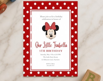 Minnie Mouse verjaardagskaart | Minnie verjaardagskaart | Muisfeest sjabloon | Bewerkbare Canva uitnodiging AE040