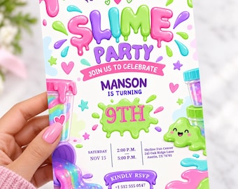 Uitnodiging voor een 9e verjaardag met slijmthema | Kleurrijke uitnodiging voor een slijmfeestje | Slijmthema verjaardag voor kinderen | Bewerkbare Canva-sjabloon AE135