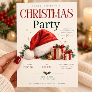 Op de afbeelding: Een crèmekleurige uitnodigingskaart voor een kerstfeest met een rode kerstmuts, twee cadeautjes met rode strikken en dennentakken. Tekst: YOU'RE INVITED TO A CHRISTMAS Party, GOOD FOOD GREAT COMPANY FESTIVE CHEER, SATURDAY DEC 20, 7:00 P.M., THE GRAND HOTEL 123 Festive Avenue UNITED STATES, KINDLY RSVP +92 300 1234567, Let's make it a December to remember.