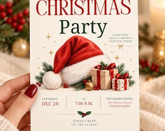 May include: A cream-colored Christmas party invitation card featuring a red Santa hat, two gift boxes with red bows, and pine branches. Text includes: YOU'RE INVITED TO A CHRISTMAS Party, GOOD FOOD GREAT COMPANY FESTIVE CHEER, SATURDAY DEC 20, 7:00 P.M., THE GRAND HOTEL 123 Festive Avenue UNITED STATES, KINDLY RSVP +92 300 1234567, Let's make it a December to remember.