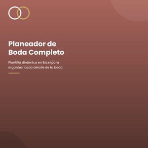 May include: A digital document cover with a dark brown gradient background featuring the text PlantillasClaras, Planeador de Boda Completo, and a description of an Excel template. It includes two interlocking rings and three bottom badges.
