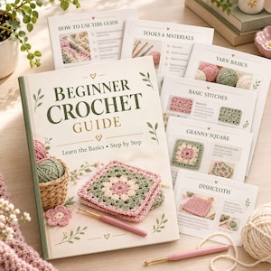 May include: A Beginner Crochet Guide book with a cream cover featuring green text, a pink and green granny square, a small basket of yarn, and a pink crochet hook. Several smaller instructional cards are fanned out behind the main book.