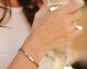 Personalized Name Bracelet For Women, Silver Tone Initial Beads on Custom Color Cotton String Bracelet, Custom Gift For Her, Brown Cord