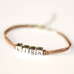 Personalized Name Bracelet: Silver Initial Beads on Brown Cord