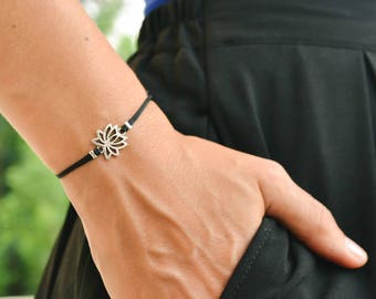 Silver Lotus Charm Bracelet: Black Cotton Cord, Adjustable Zen Jewelry