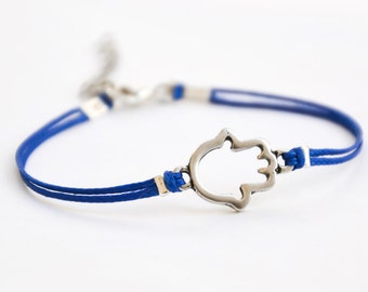 Hamsa bracelet, royal blue cord bracelet, silver hamsa charm, judaism from Israel, gift for her, hand, spiritual jewelry, hand of Fatima