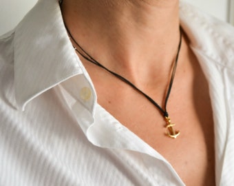 Collier ancre, collier pendentif ancre en or, chaîne noire, couleur personnalisée, cadeau pour elle, bijoux de plage nautique, cadeau réglable emballé