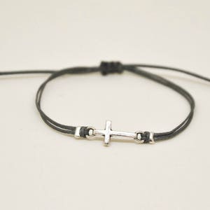 Mother's day gift, cross bracelet, women, silver cross charm, gift for mom, christian catholic jewelry, gray, adjustable sliding knot image 1