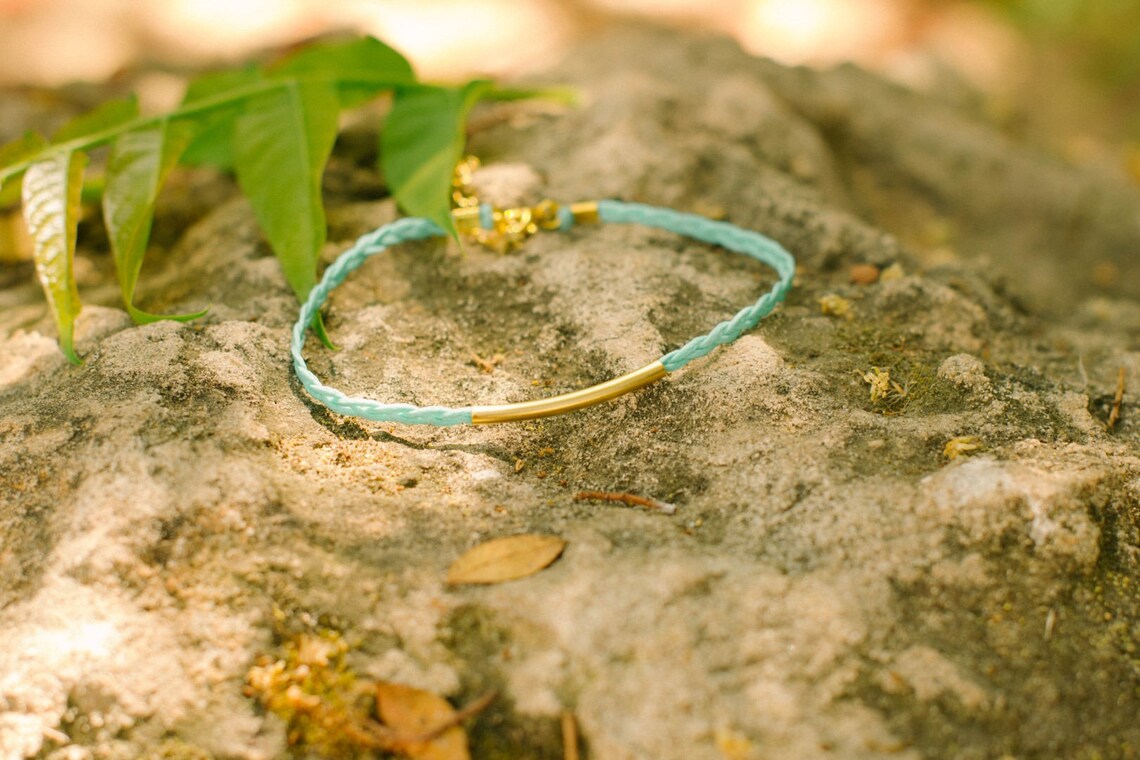 Gold Bar Anklet Braided Cord Ankle Bracelet Gold Plated Etsy