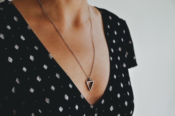 Inverted Triangle Necklace for Women Silver Plated Pendant, Stainless Steel Chain