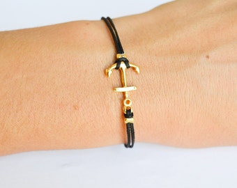 Anchor bracelet for women, black cord bracelet with gold plated anchor charm, Birthday gift, preppy nautical jewelry, custom gift for her