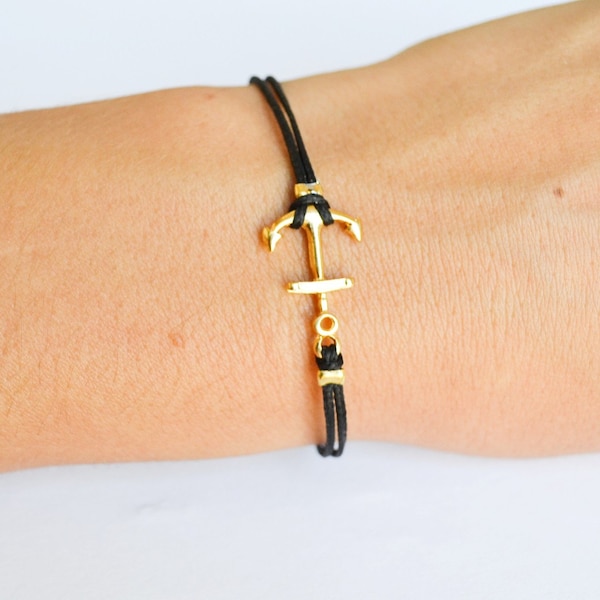 Anchor bracelet for women, black cord bracelet with gold plated anchor charm, Birthday gift, preppy nautical jewelry, custom gift for her