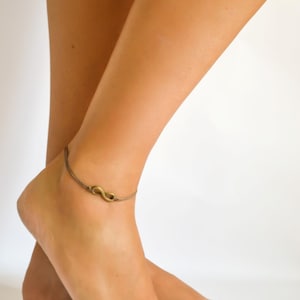 Bronze Infinity Anklet: Brown Cotton Cord, Adjustable Minimalist Jewelry