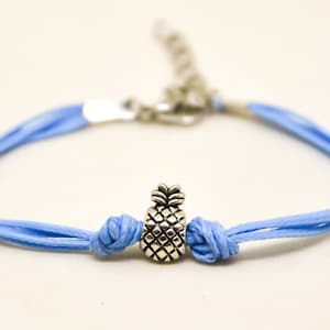 silver pineapple bead charm bracelet adjustable blue cord customizable