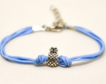 Birthday gift, Pineapple bracelet, blue cord bracelet silver pineapple bead charm, preppy bracelet, summer jewelry, minimalist, friendship