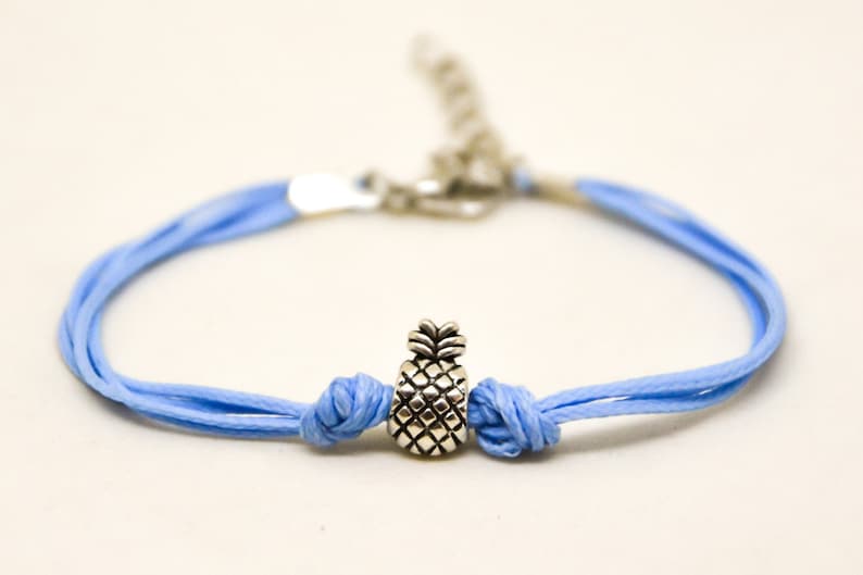 silver pineapple bead charm bracelet adjustable blue cord customizable