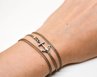 Bracelet d’ancre, bracelet enveloppé avec breloque d’ancre en argent, bijoux nautiques, cordon brun, cadeau fille pour elle, bracelet réglable en yoga