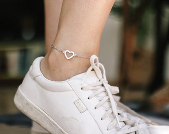 Heart anklet waterproof silver chain ankle bracelet, outline heart charm anklet, personalise silver anklet, mothers day gift for her, love