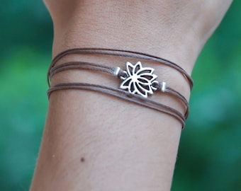 Lotus bracelet, wrapped bracelet with silver Lotus charm, Hindu symbol, brown string, gift for her, yoga bracelet, lucky charm, spiritual