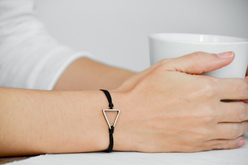 silver triangle charm bracelet adjustable black cord handmade