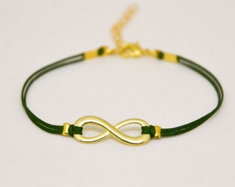 Infinity bracelet, green cord bracelet with a gold tone endless charm, Yoga bracelet, gift for her, minimalist jewelry, friendship, zen