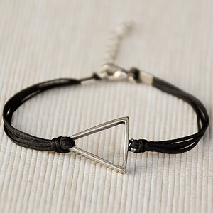 Triangle bracelet, women bracelet with silver Triangle charm, minimalist geometric jewelry, black cord, birthday gift for her,black bracelet