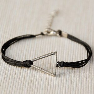 silver triangle charm bracelet adjustable black cord handmade