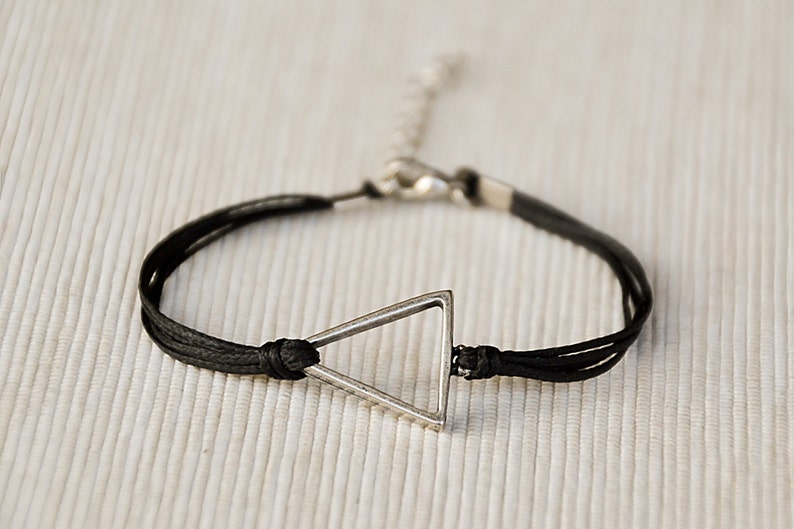 silver triangle charm bracelet adjustable black cord handmade