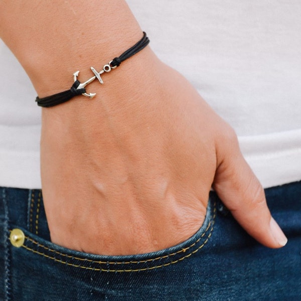 Anchor bracelet, black cord bracelet, silver plated anchor charm, nautical minimalist jewelry for beach, daughter gift for her, girl gift