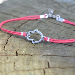 Hamsa Anklet for Women, Silver Plated Hand of Fatima Charm Ankle Bracelet, Custom Color String, Evil Eye Protection Gift for Her, Pink